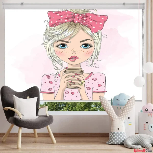 پرده چاپی طرح دختر کارتونی با پاپیون