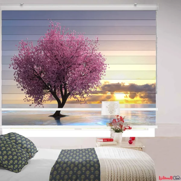 پرده چاپی طرح شکوفه گیلاس و غروب آفتاب