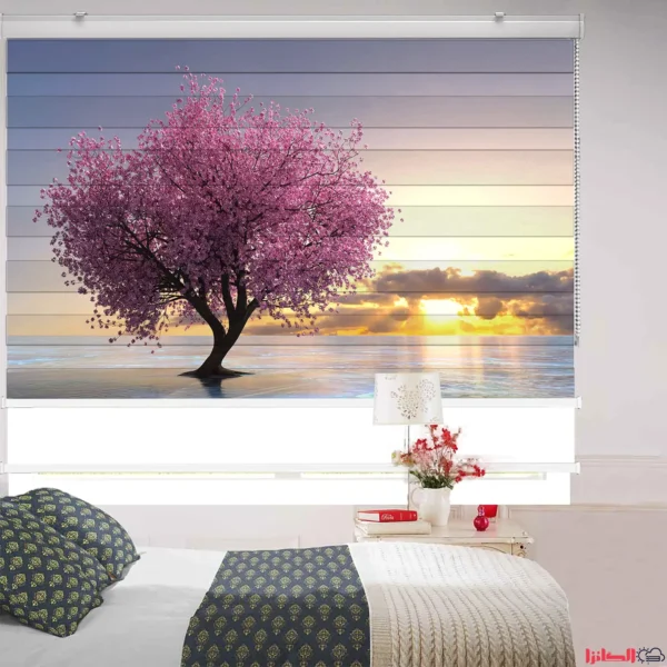 پرده چاپی طرح شکوفه گیلاس و غروب آفتاب