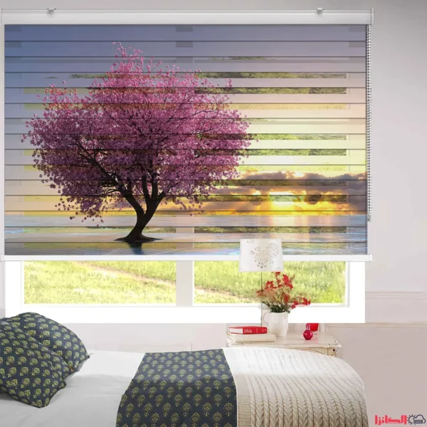 پرده چاپی طرح شکوفه گیلاس و غروب آفتاب