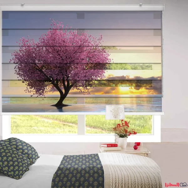 پرده چاپی طرح شکوفه گیلاس و غروب آفتاب