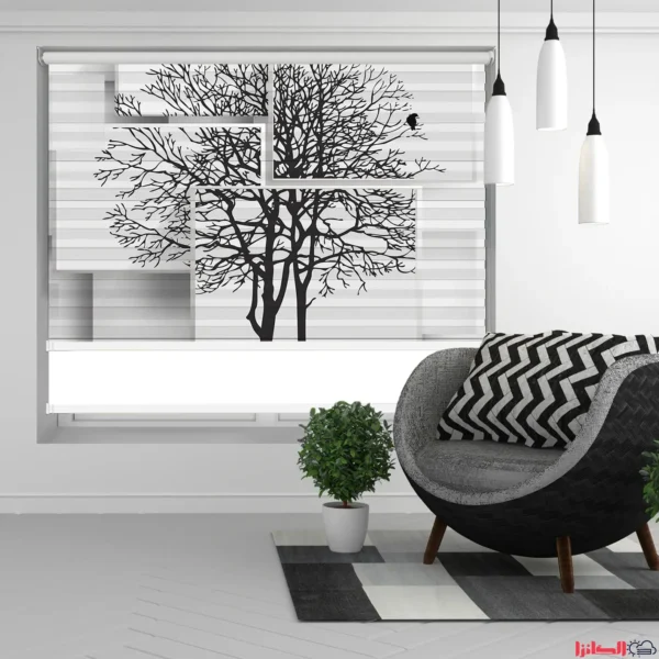 پرده چاپی طرح انتزاعی درخت و پرندگان