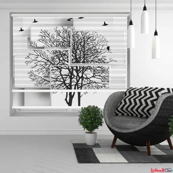 پرده چاپی طرح انتزاعی درخت و پرندگان