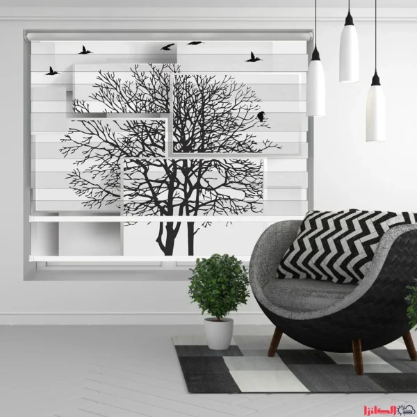 پرده چاپی طرح انتزاعی درخت و پرندگان