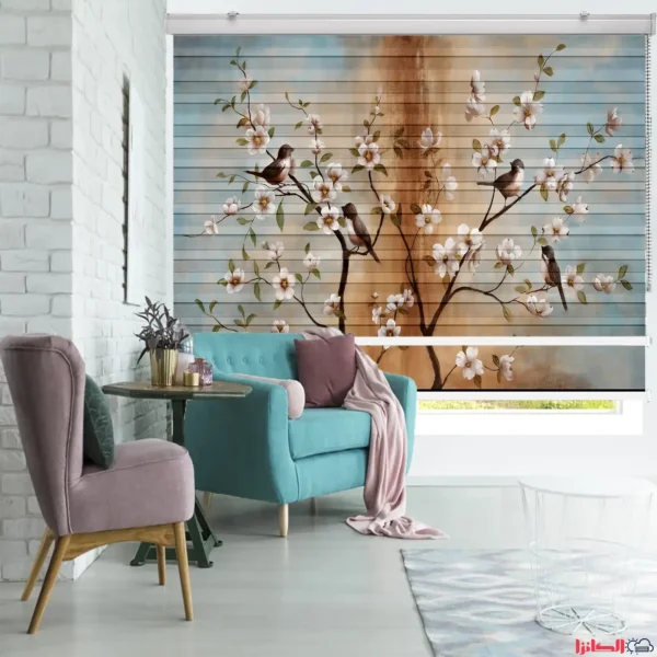 پرده چاپی طرح آبرنگی درخت شکوفه و پرنده