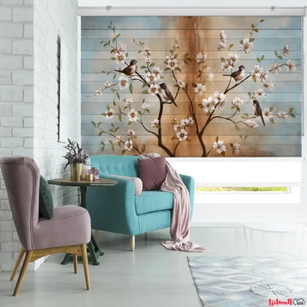 پرده چاپی طرح آبرنگی درخت شکوفه و پرنده