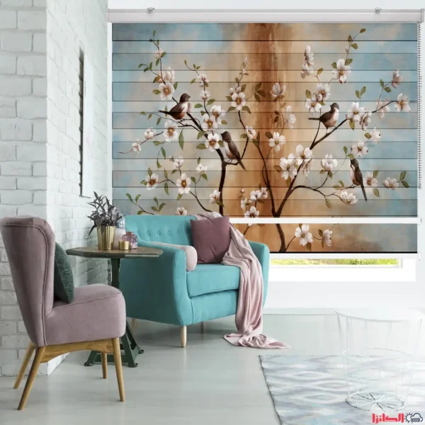 پرده چاپی طرح آبرنگی درخت شکوفه و پرنده