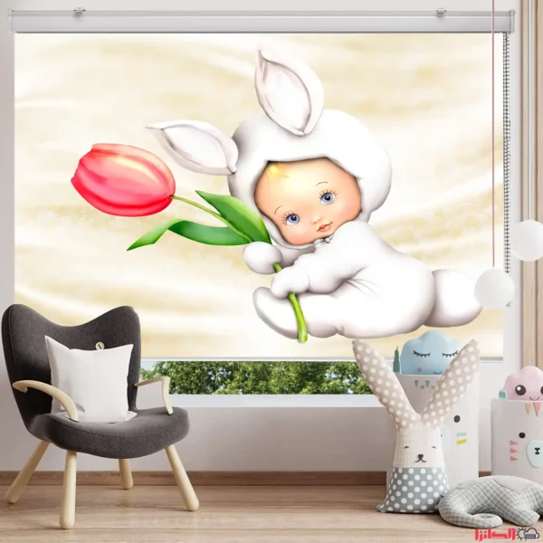 پرده چاپی طرح عروسکی خرگوش و گل
