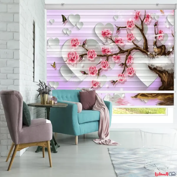 پرده چاپی طرح سه‌بعدی شکوفه‌های بهاری وقلب