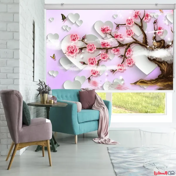 پرده چاپی طرح سه‌بعدی شکوفه‌های بهاری وقلب