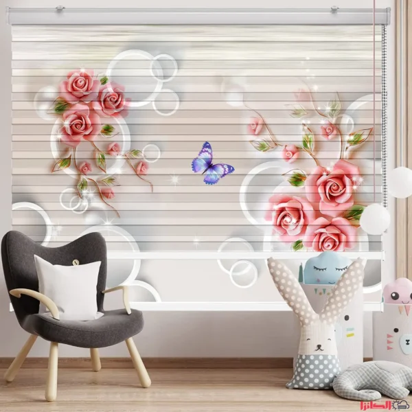 پرده چاپی سه‌بعدی گل رز صورتی و پروانه