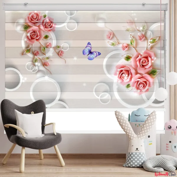 پرده چاپی سه‌بعدی گل رز صورتی و پروانه