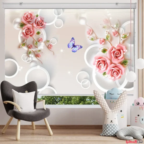 پرده چاپی سه‌بعدی گل رز صورتی و پروانه