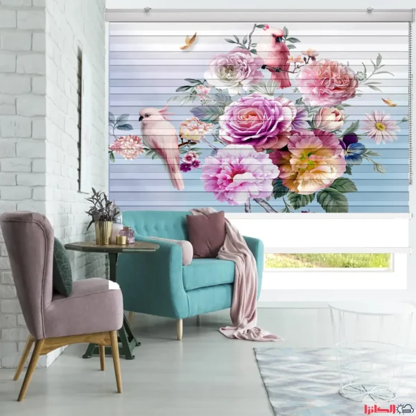 پرده چاپی طرح بوم نقاشی پرندگان و گل‌ها
