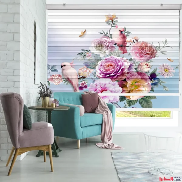 پرده چاپی طرح بوم نقاشی پرندگان و گل‌ها