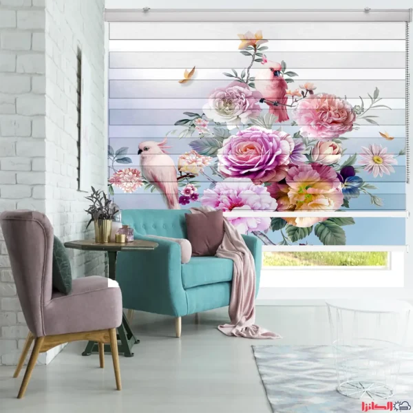 پرده چاپی طرح بوم نقاشی پرندگان و گل‌ها