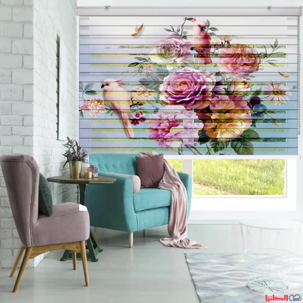 پرده چاپی طرح بوم نقاشی پرندگان و گل‌ها